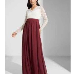 NWT Valentine's galentine's long-sleeve V-neck lace bodice chiffon maxi dress